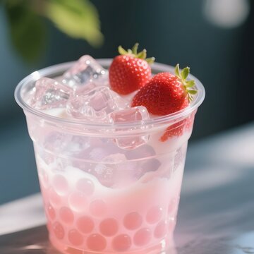 4k high quality Ai generative HD photo realistic drink ice cube sugar sweet strawberry smoothie glass manis minuman pink milk soda popping bubble boba jelly mocktail cocktail