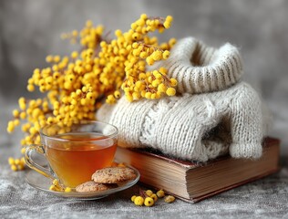 Cozy autumn scene with tea, sweater, and berries
