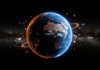 Spectacular view of Earth from space with city lights and orbital rings highlighting a stunning cosmic scene