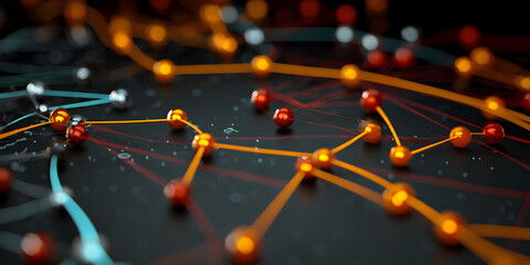 Optimization of customer experience design and journey. Glowing network nodes and connections on a dark abstract surface
