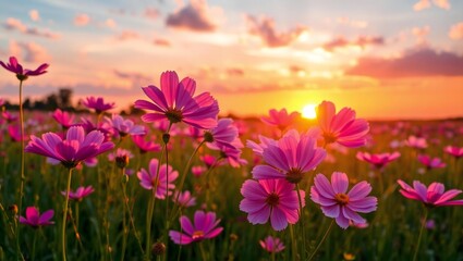 Obraz premium Vibrant pink cosmos flowers bloom in a field at sunset with golden light