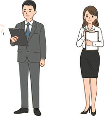 Professional business team with clipboard, office attire, corporate meeting preparation, workplace collaboration, administrative planning, vector illustration for stock use