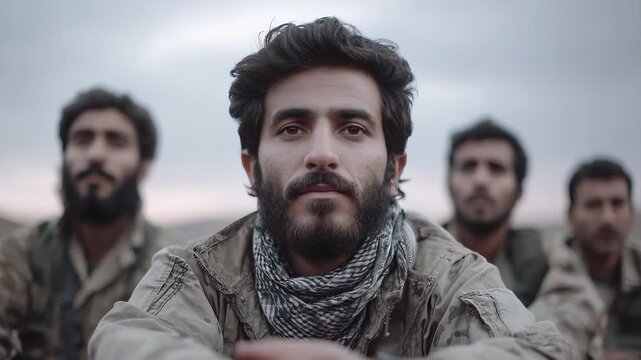 Soldiers Fighting Side by Side in the Wilderness with Firm Eyes