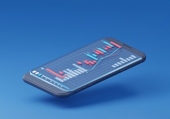 Stylized Smartphone Displaying Stock Market Analysis and Financial Data with Bullish and Bearish Indicators for Investment Decisions on Blue Background