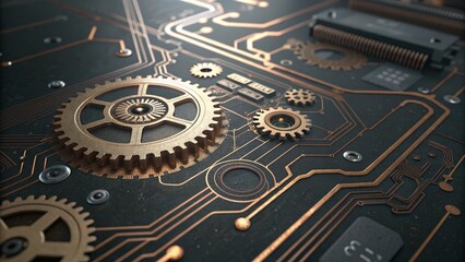 Industrial Steampunk Circuit Board with Golden Gears Technology Background