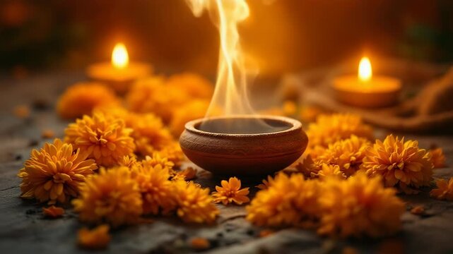 Sacred narak chaturdashi incense ritual with marigolds and diyas a spiritual diwali celebration