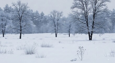Obraz premium A serene winter landscape, blanketed in snow, displays a field of snow-covered grass and trees, showcasing a serene winter scene.
