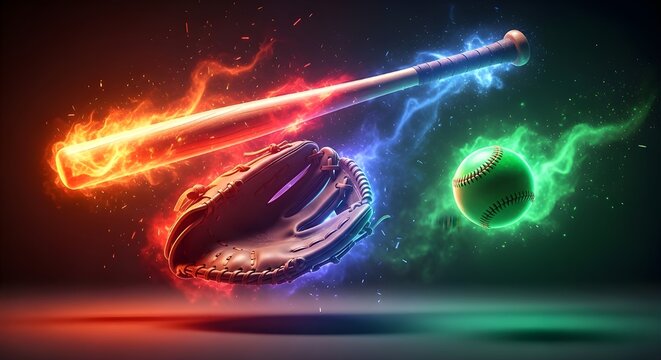 Futuristic baseball glove and bat with neon light streaks in vibrant glowing colors