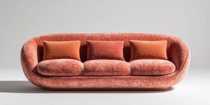 Coral-colored,  sculptural sofa with three orange cushions - Powered by Adobe