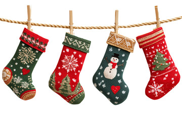 Christmas stockings with various traditional colorful holiday ornaments. Hanging children clothing elements with cute xmas patterns on rope. Red, green socks with snowflakes, snowman isolated on trans