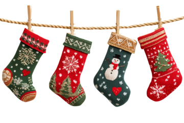 Christmas stockings with various traditional colorful holiday ornaments. Hanging children clothing elements with cute xmas patterns on rope. Red, green socks with snowflakes, snowman isolated on trans