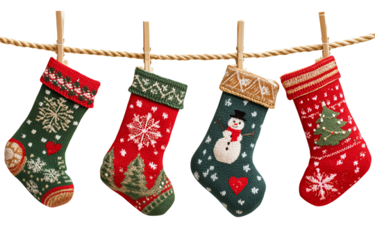 Christmas stockings with various traditional colorful holiday ornaments. Hanging children clothing elements with cute xmas patterns on rope. Red, green socks with snowflakes, snowman isolated on trans