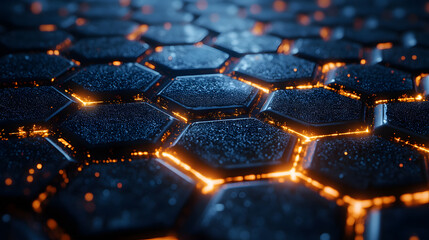 Obraz premium Illuminated Hexagonal Matrix: A network of dark blue hexagons interconnected with vibrant blue and orange lights creates an abstract technological design