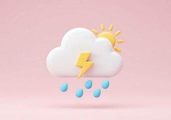 Weather forecast icon featuring cloud rain sun and lightning symbol on pastel pink background representing climate change and weather conditions