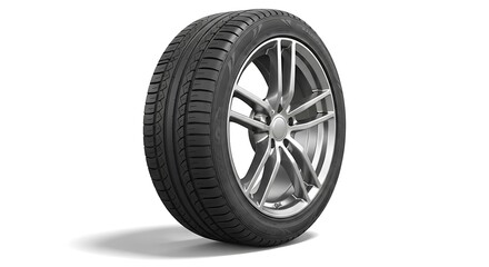 A detailed  shot displays a modern car tire and wheel assembly against a plain white background.