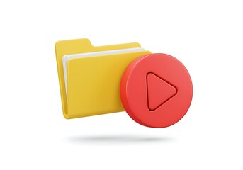 Yellow Folder with White Documents and Red Play Button Symbol Isolated on White Background Representing Multimedia Files and Entertainment Content Storage