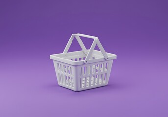 White plastic shopping basket on purple background retail concept minimal design online shopping grocery store mockup template modern design