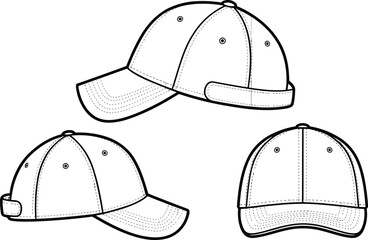 Baseball cap vector, hat technical sketch, adjustable sports cap, fashion flat drawing, headwear template, front side back view