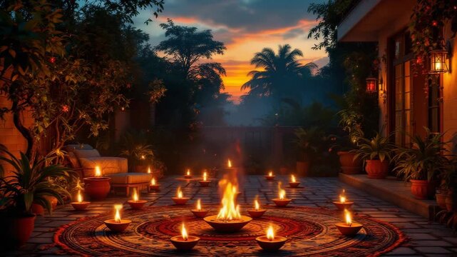 Illuminated kali chaudas and narak chaturdashi evening with traditional diyas celebrating diwali festival of lights in courtyard