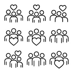 Simple Black Line Art of Groups with Hearts Representing Community and Love.