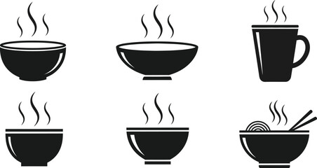 Collection of steaming bowls and mugs isolated on white background, representing hot food and drinks, perfect for illustrating menus, recipes, or culinary themes