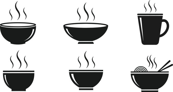 Collection of steaming bowls and mugs isolated on white background, representing hot food and drinks, perfect for illustrating menus, recipes, or culinary themes