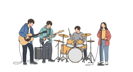 Group of young friends playing musical instruments and singing in a band. A contemporary music performance and rehearsal concept. Vector Illustration