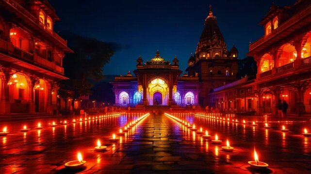 Enchanting diwali festival scene with countless diyas adorning a beautiful temple on narak chaturdashi eve