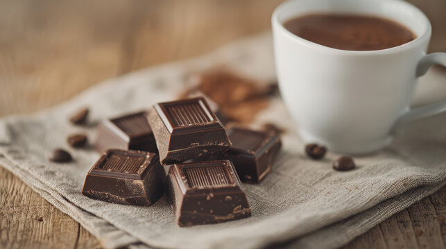 A cozy scene featuring dark chocolate pieces next to a steaming cup of coffee on a textured cloth, perfect for indulgence.