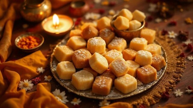 Exquisite indian diwali sweets barfi and traditional diya lamp illuminating festive decorations for kali chaudas and narak chaturdashi