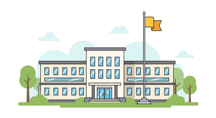 A modern school building with trees and a flag flying high on a flagpole under a cloudy sky.