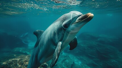 Naklejka premium Dolphin Swimming Near Transparent Barrier in Clear Blue Aquatic Environment