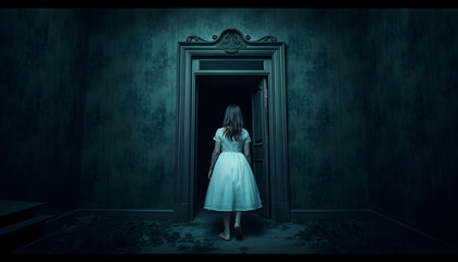 Eerie girl in white dress approaching dark door abandoned building photo mysterious atmosphere rear view haunting theme