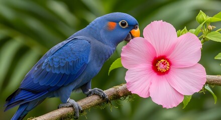 Obraz premium Vibrant Blue Bird on Pink Hibiscus Branch - Tropical Nature, Exotic Wildlife, Colorful Floral Beauty