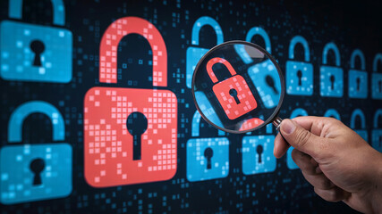Security Engineer Identifying Information Security Vulnerability with Padlock Icons in Internet Network System