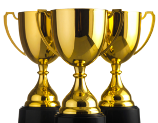 Group of Three Golden Trophy Cups of Varying Sizes, Perspective View, Isolated