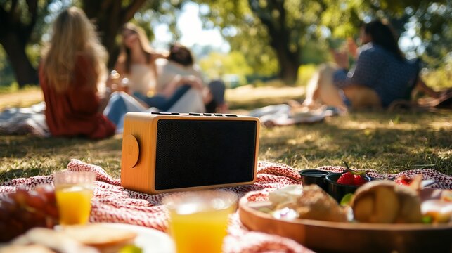 Portable speaker set on a picnic blanket in a park surrounded by food drinks and a group of friends The scene captures the joy of a day outdoors filled with music and fun