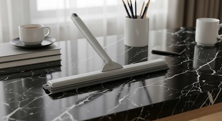 Modern cleaning tool display on sleek marble surface with elegant accompaniments