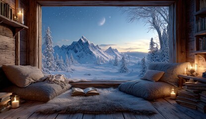 Cozy winter cabin with mountain view