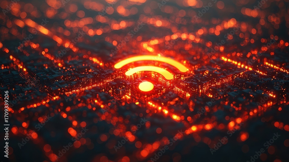 Poster bright orange sun setting on the horizon symbolizing automated security patching for wifi connectivi