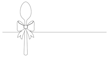 continuous line art of a spoon tied with a ribbon. this icon is for a sticker or banner and a restaurant logo