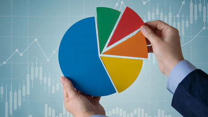 Investment Portfolio Management and Diversified Strategy with Stocks, Bonds, and Commodities – Pie Chart and Candlestick Charts for Financial Growth and Risk Management”