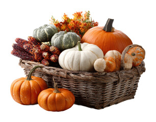 Harvest festival autumn basket food rustic isolated on transparent background