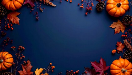 Frame of fall foliage orange and pumpkins on a deep navy blue background cozy autumn aesthetic