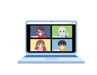 Diverse group of children connecting through a video conference call for an online class or virtual meeting on a laptop
