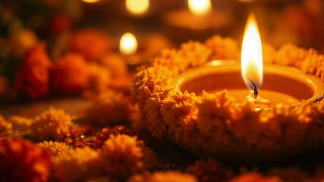 Close up of illuminated oil lamp diya with marigold flowers during diwali festival kali chaudas narak chaturdashi