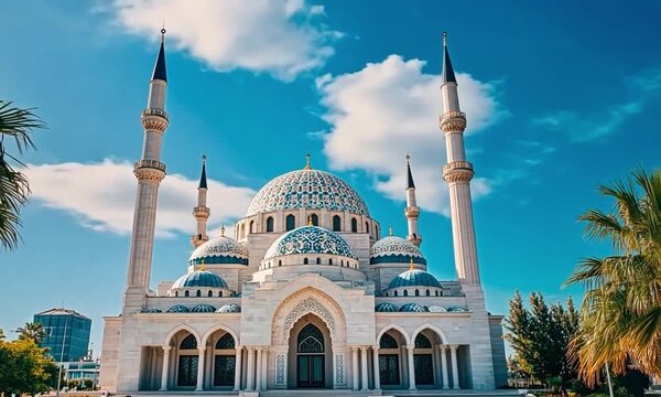 Beautiful mosque with tall minarets against blue sky, representing Islamic architecture, culture and worship. ramdam mubarak. eid ul fiter, eid ul adha 4K high resolution 