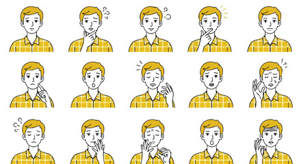 Naklejka premium Expressive young man shows range of emotions and feelings with different facial expressions and gestures