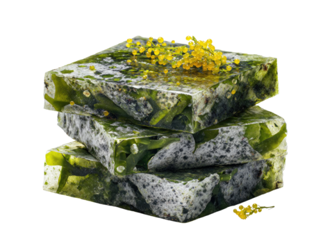 Stacked, translucent, green blocks with flecks of grey and yellow