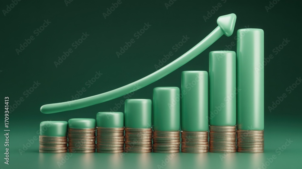 Poster green chart with coins illustrating climate smart investment concept in a bar chart profiling for fi